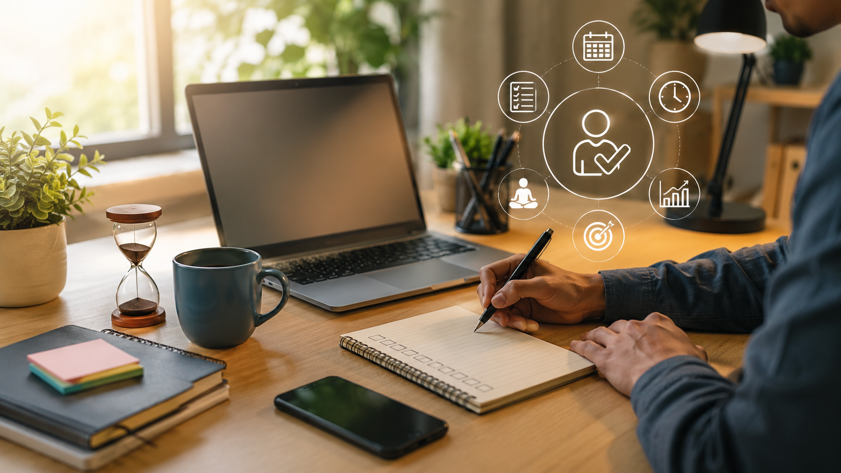 Warm Productivity Desk with Digital Icons